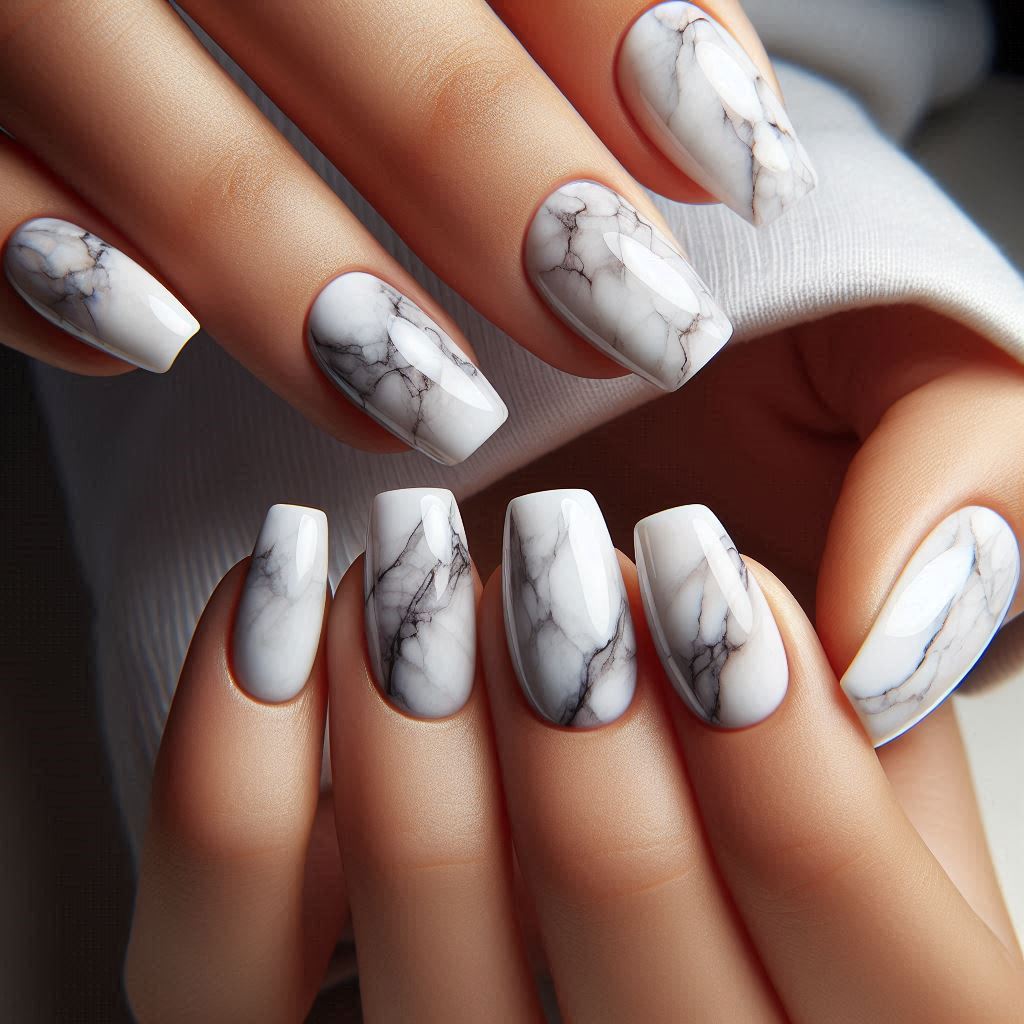 White Nails Short Marble Effect