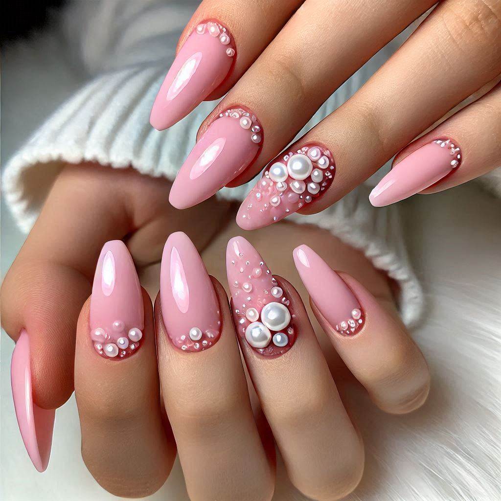 Acrylic simple baby pink nails with pearls