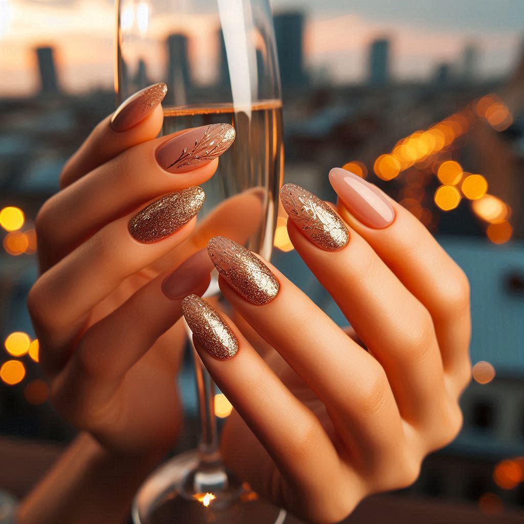 Golden Glitter Almond Nails for a Summer Night Out