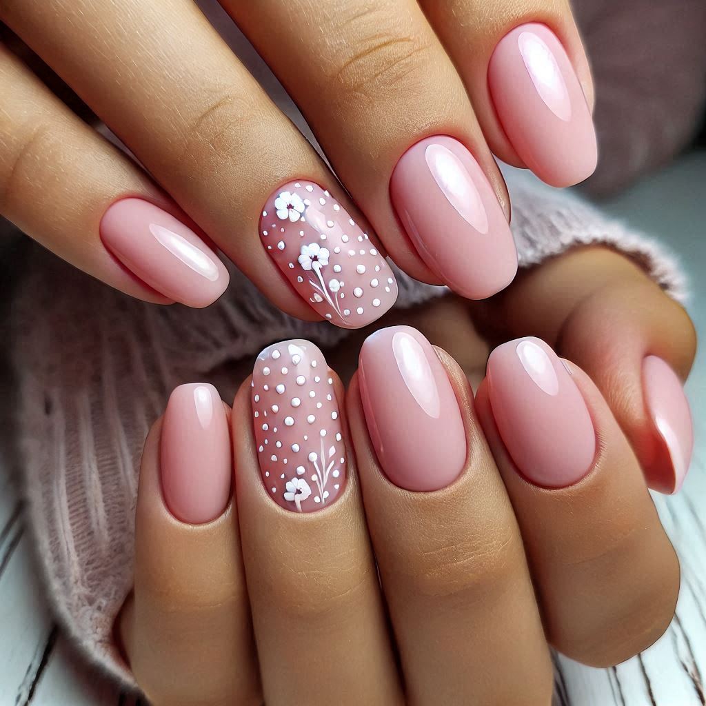 Simple Short Pink Nails with White Dots