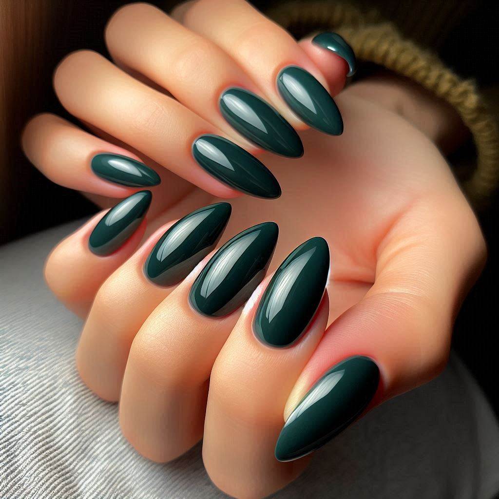 Dark Green Almond Nails 