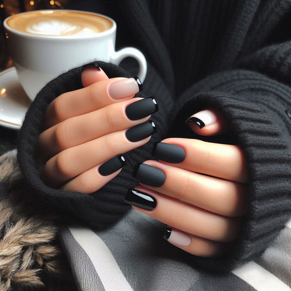 Matte Black Square Nails with Glossy Tips