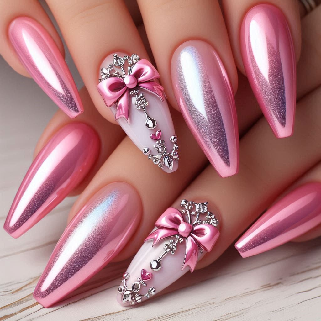 Pink Chrome French Tips with 3D Bow Accents