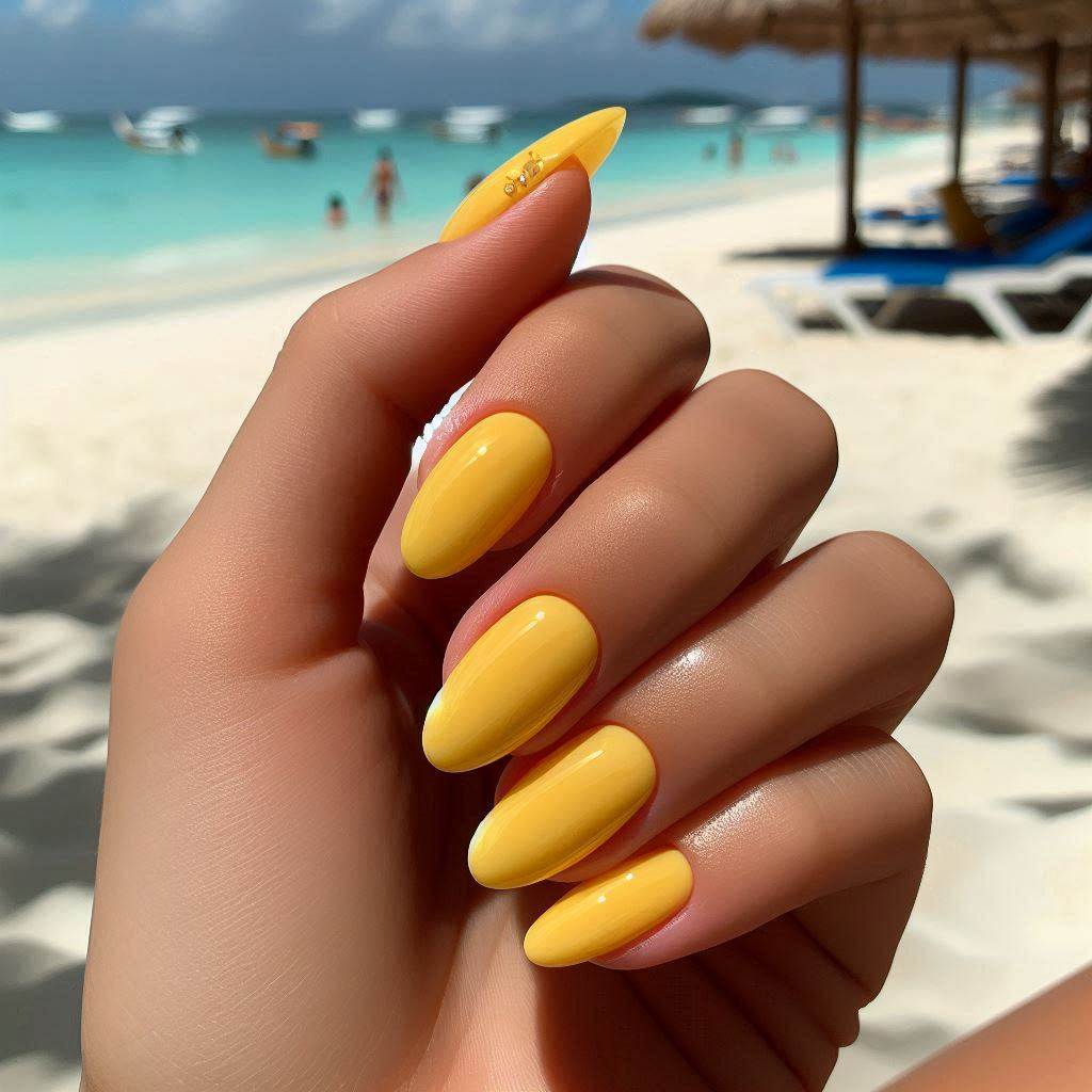 Bright Yellow Short Acrylic Nails Almond for a Summer Vibe