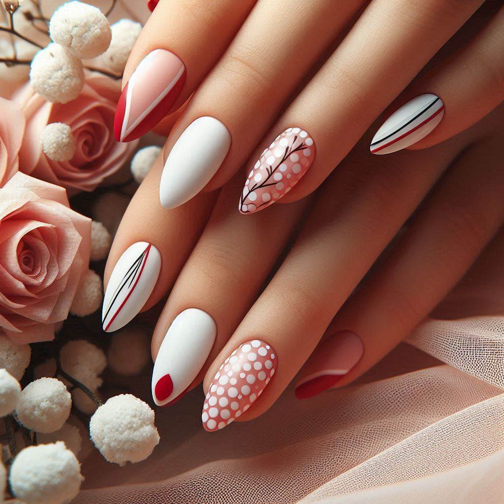 Soft and Chic Almond Nails Red and White