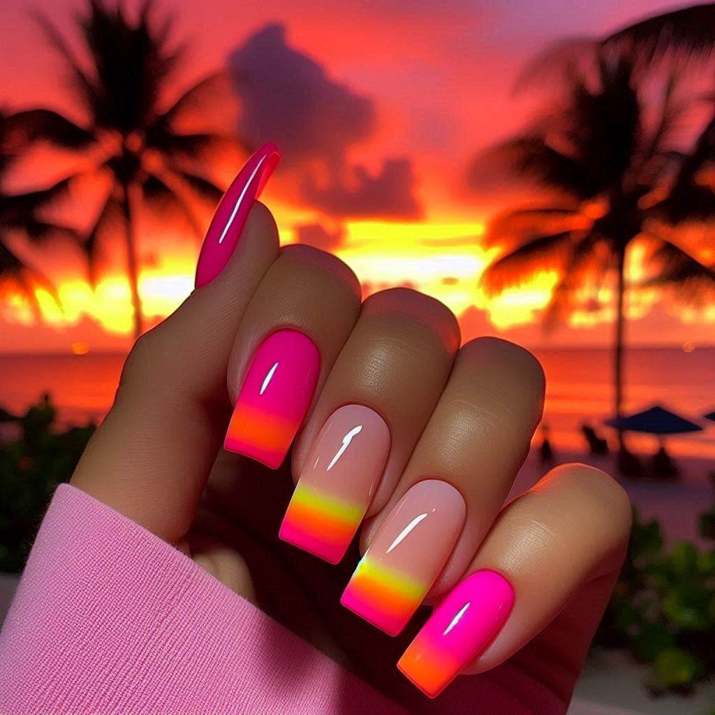 Bright Neon Short French Tip Acrylic Nails for Summer