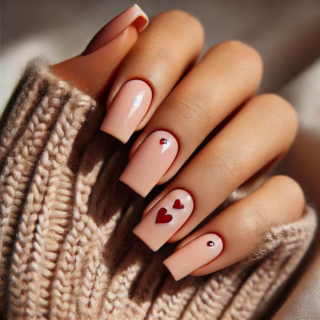 Small red hearts on nude square nails