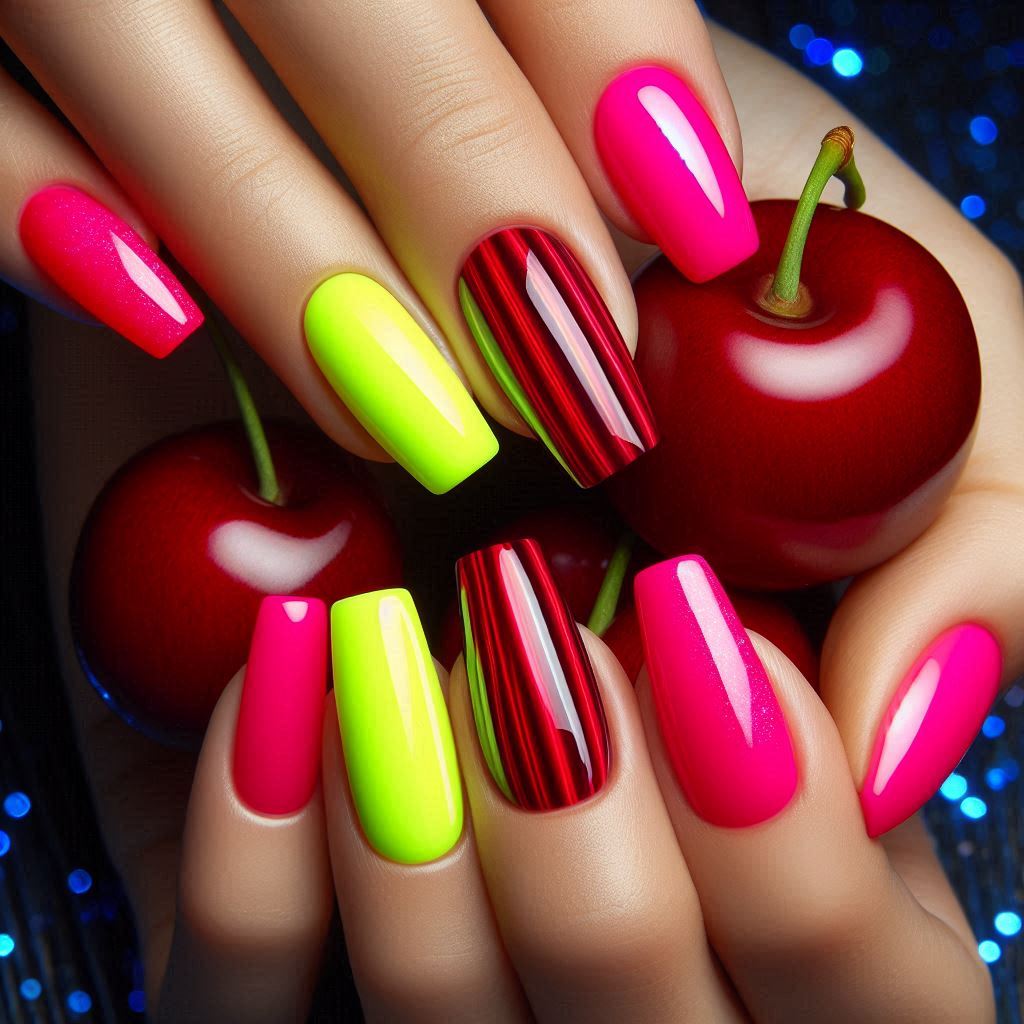 Summer Cherry Nails with Neon Pops