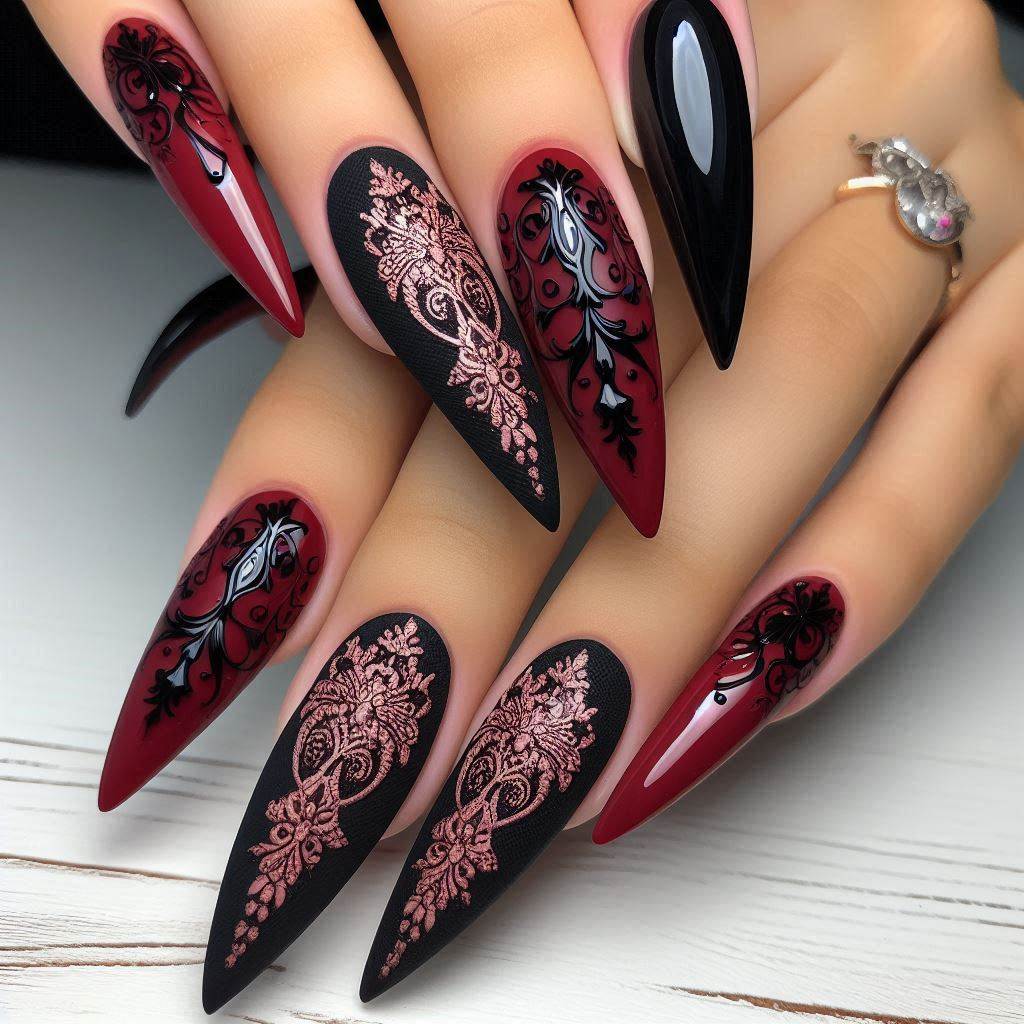 Velvet Red and Black Goth Nails Acrylic for a Luxurious Gothic Look