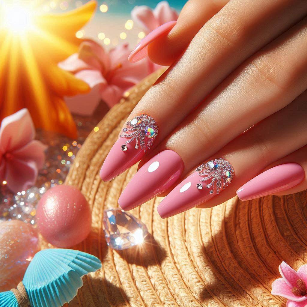 Summer Pink Acrylic Nails with Trendy Rhinestone Accents