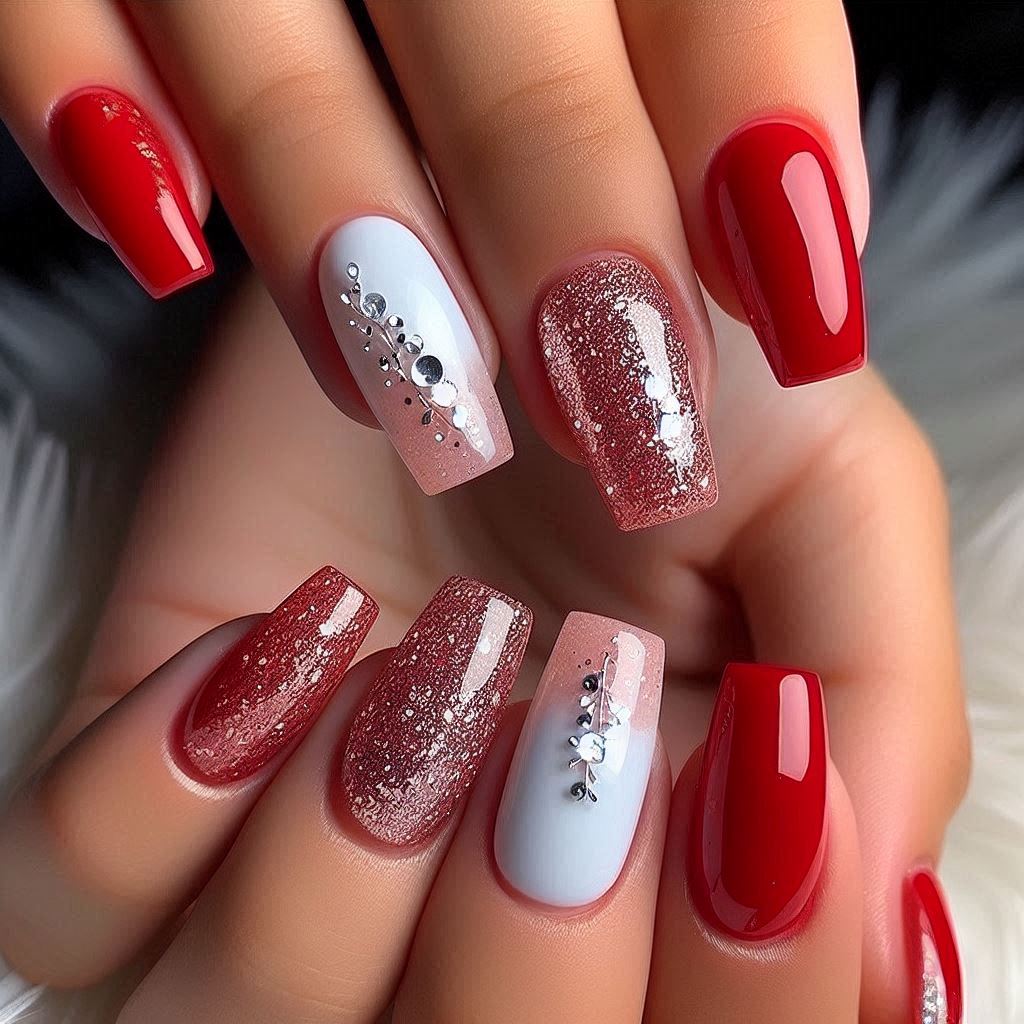 Glitter Red and White Nails