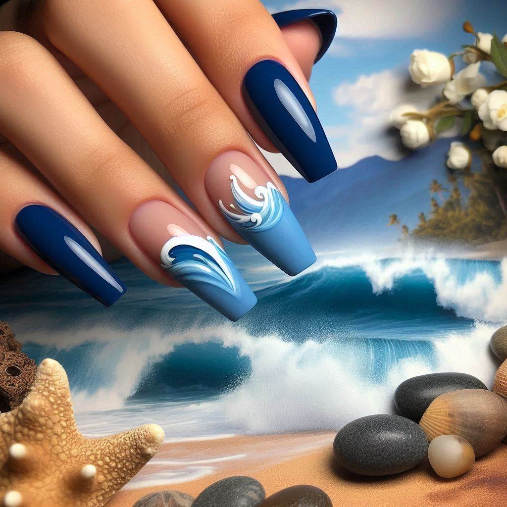  Deep Ocean Blue French Tips with a Wave Design