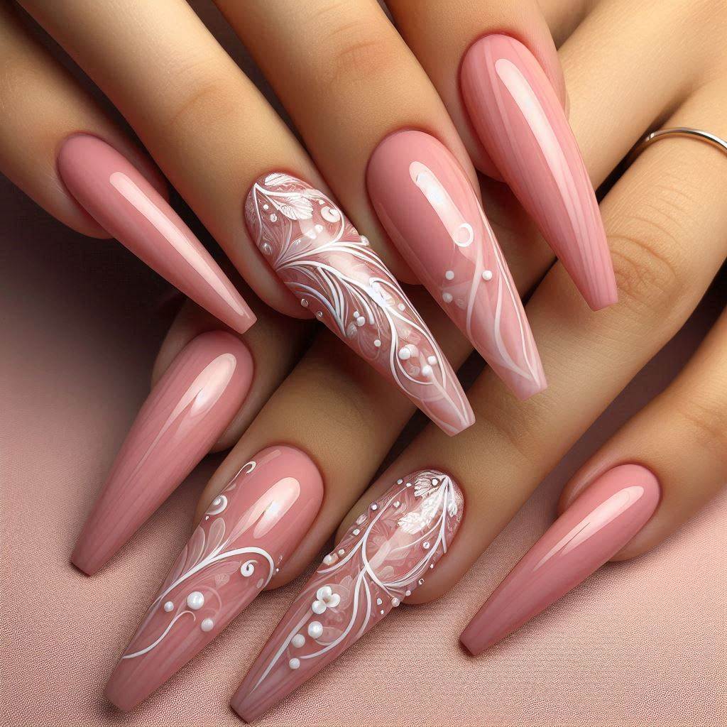 Coffin Nails with White Swirls