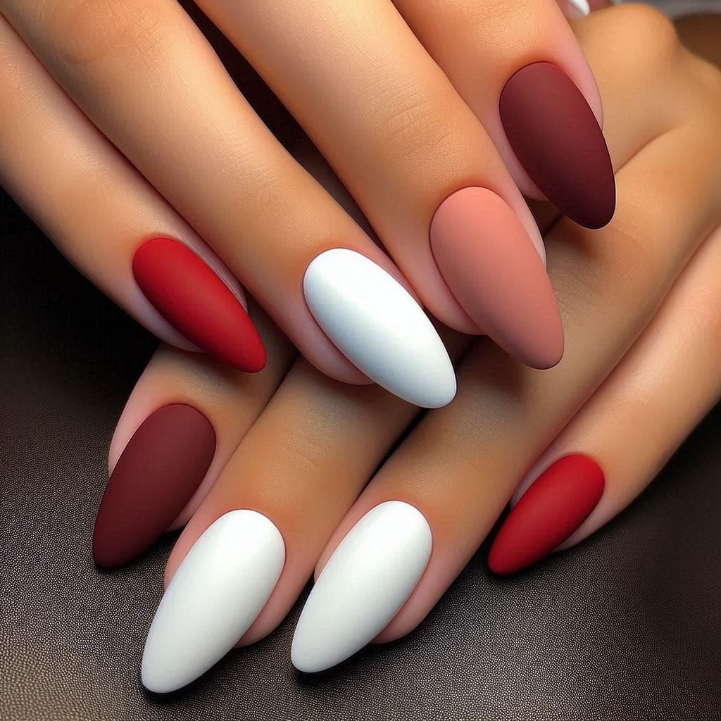 Matte Red and White Nails