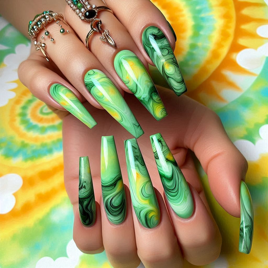  Green Tie-Dye Nails