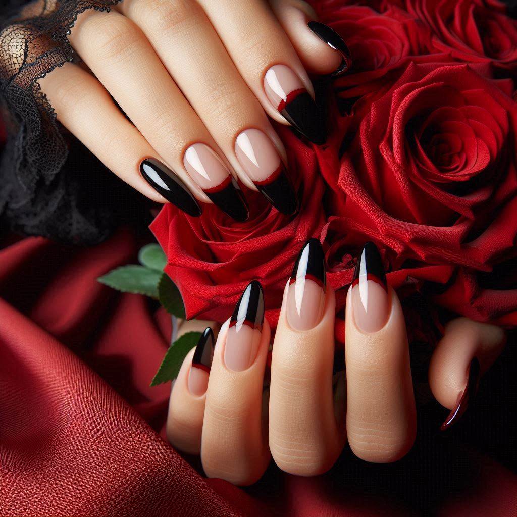 Black French Tip Nails with Red Underneath for a Bold Look