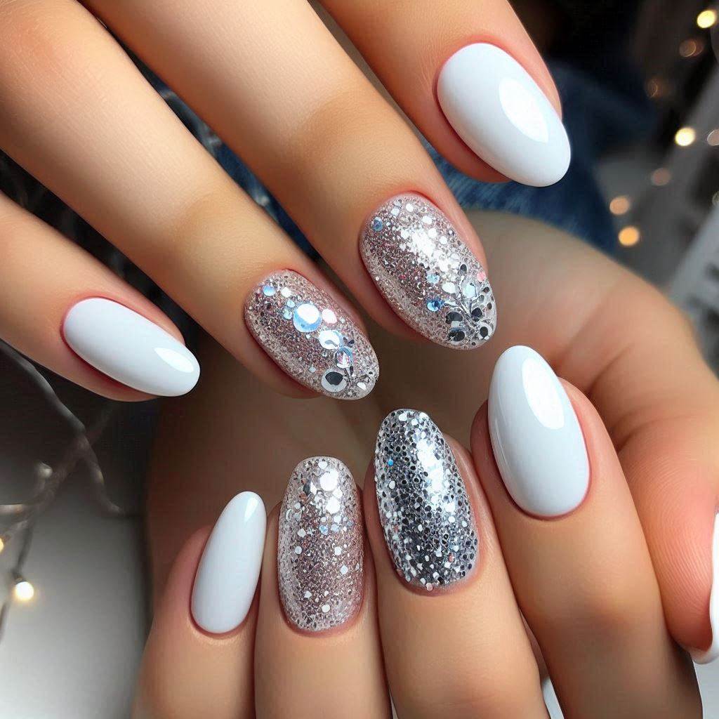  White Nails Short Glitter