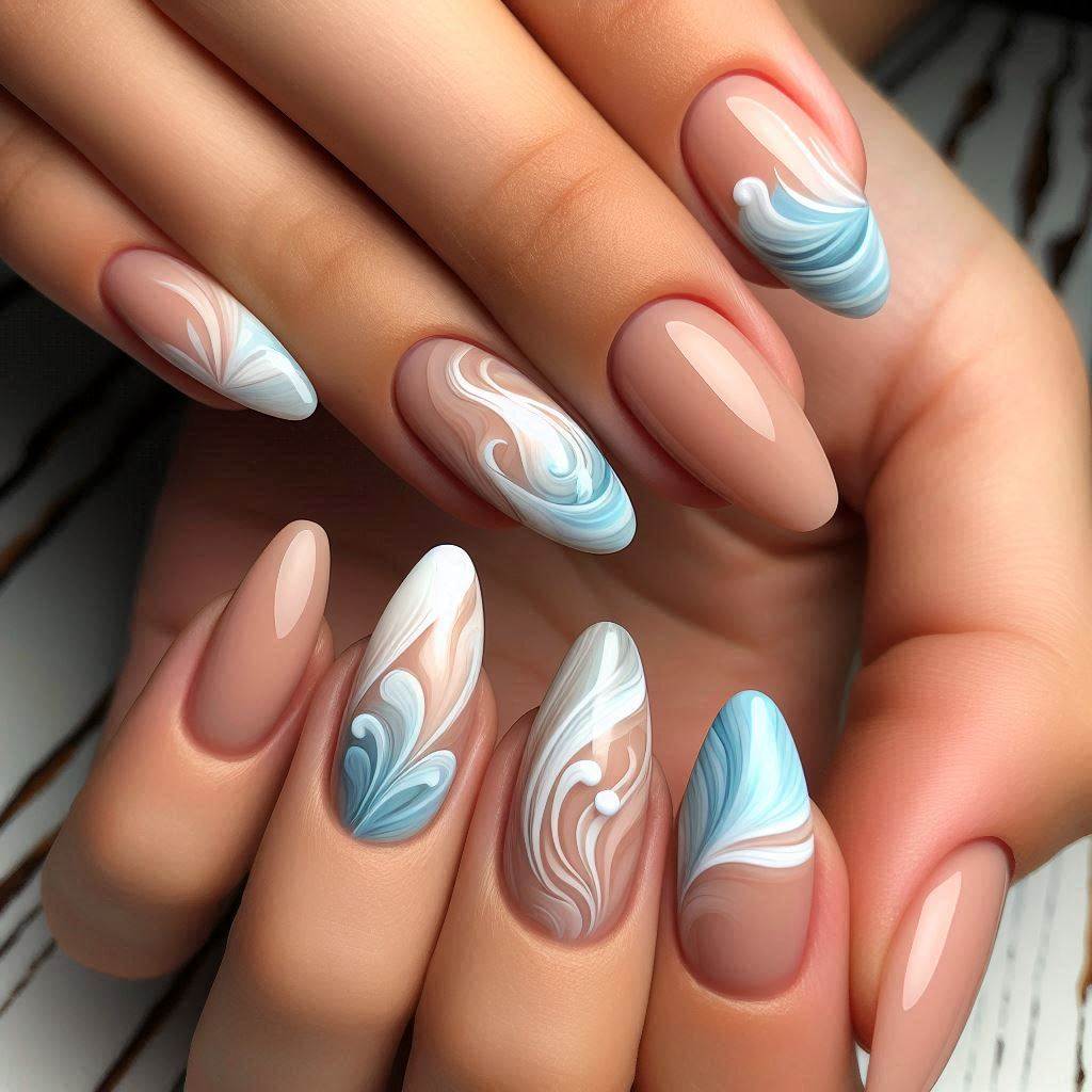 Light Blue and White Swirl Nails