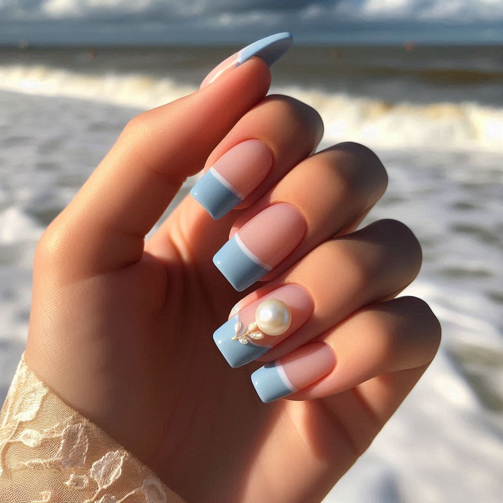 Powder Blue French Tips with a Subtle Pearl Accent