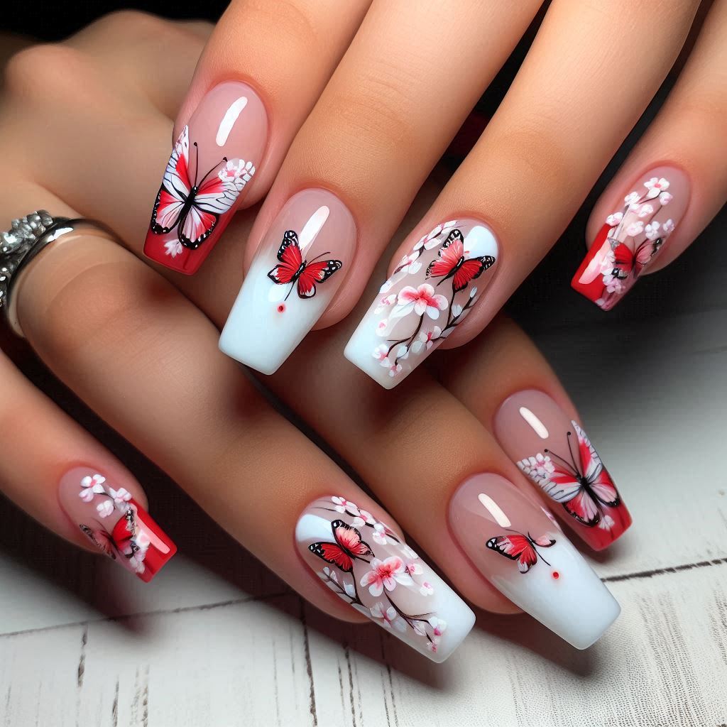  Red and White Butterfly Nails