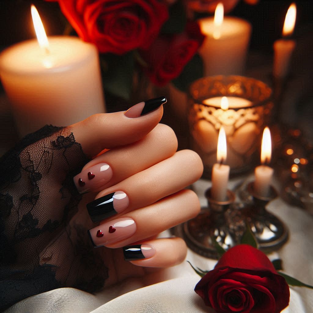 Black French Tip Nails with Heart Accents for a Romantic Touch