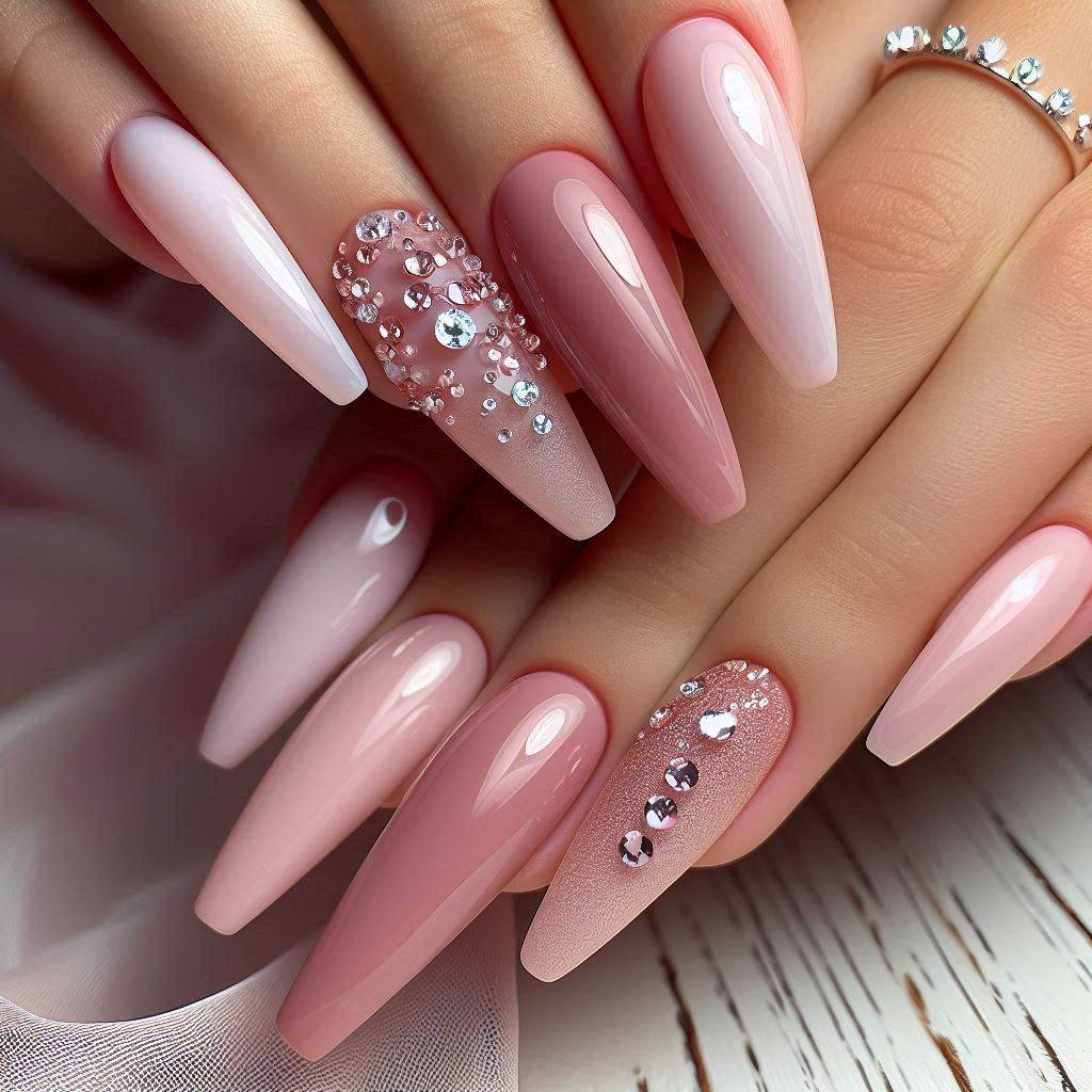 Milky Pink Nails with Rhinestone Accents