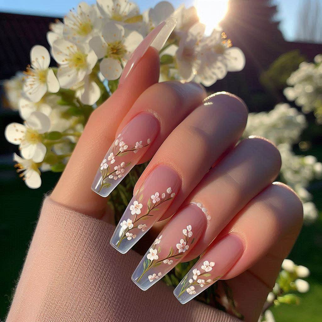 Crystal Clear French Tips with Dainty White Floral Designs