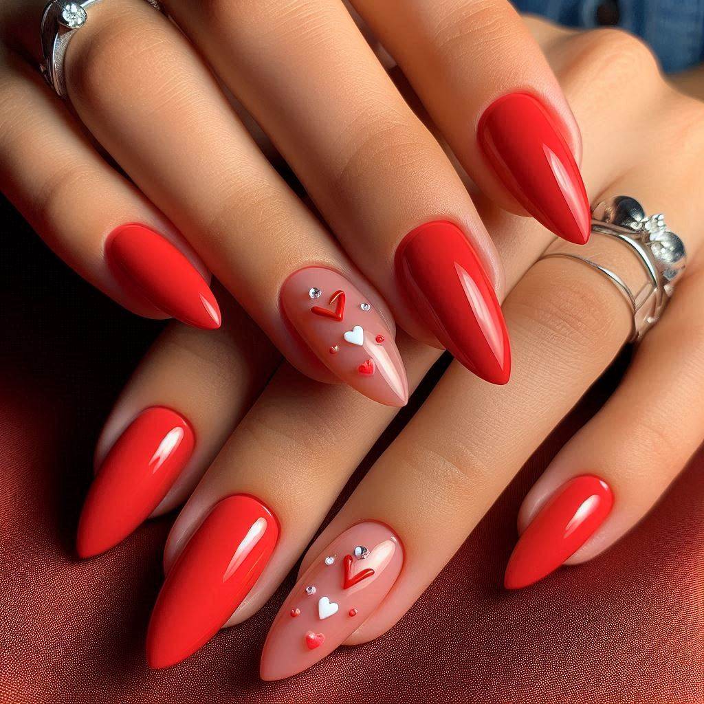 Short Almond Nails Red with Heart Accents