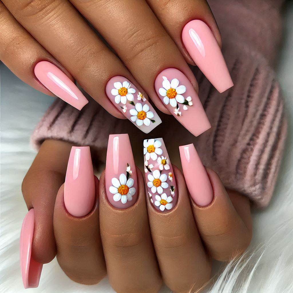 Acrylic Simple Spring Floral Nails
