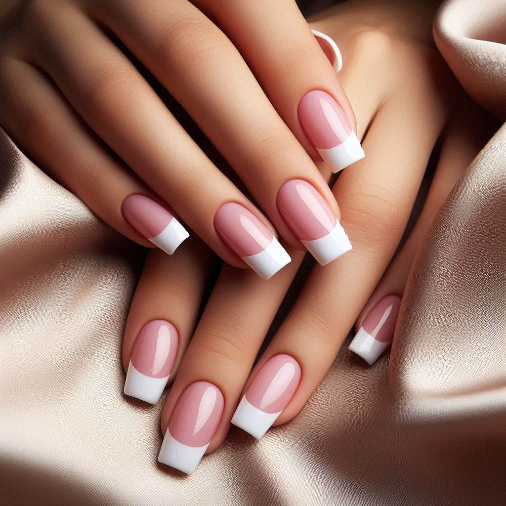 Chic and Modern French Tip Nails Pink Square