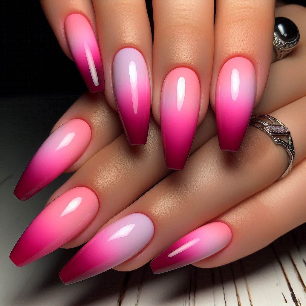 Bright and Bold Pink Acrylic Nails with a Mix of Light and Dark Tones