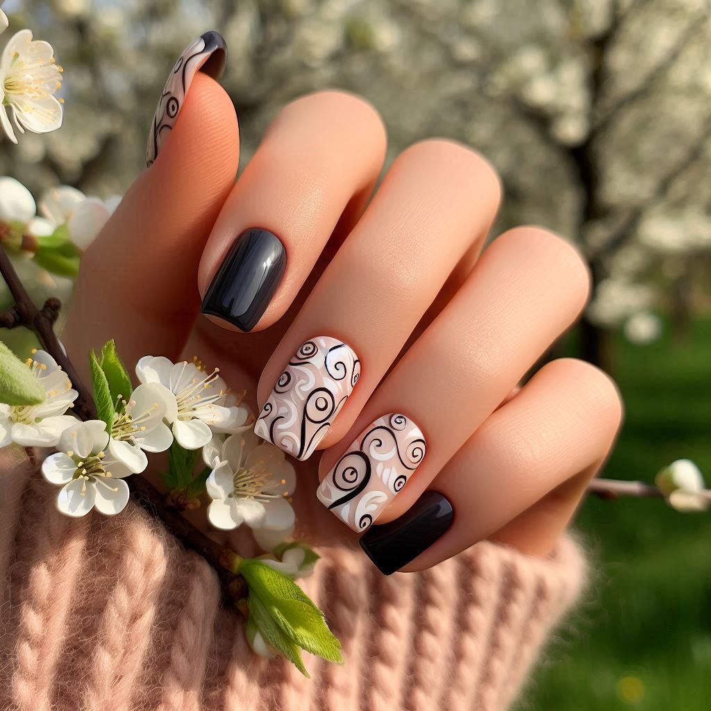 Short Square Black Nails with White Swirls