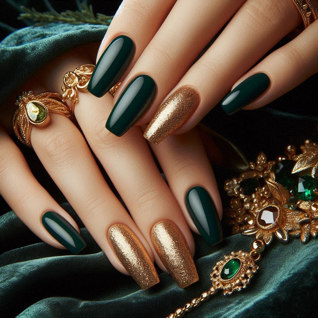  Deep Green Nails with Gold Glitter Tips