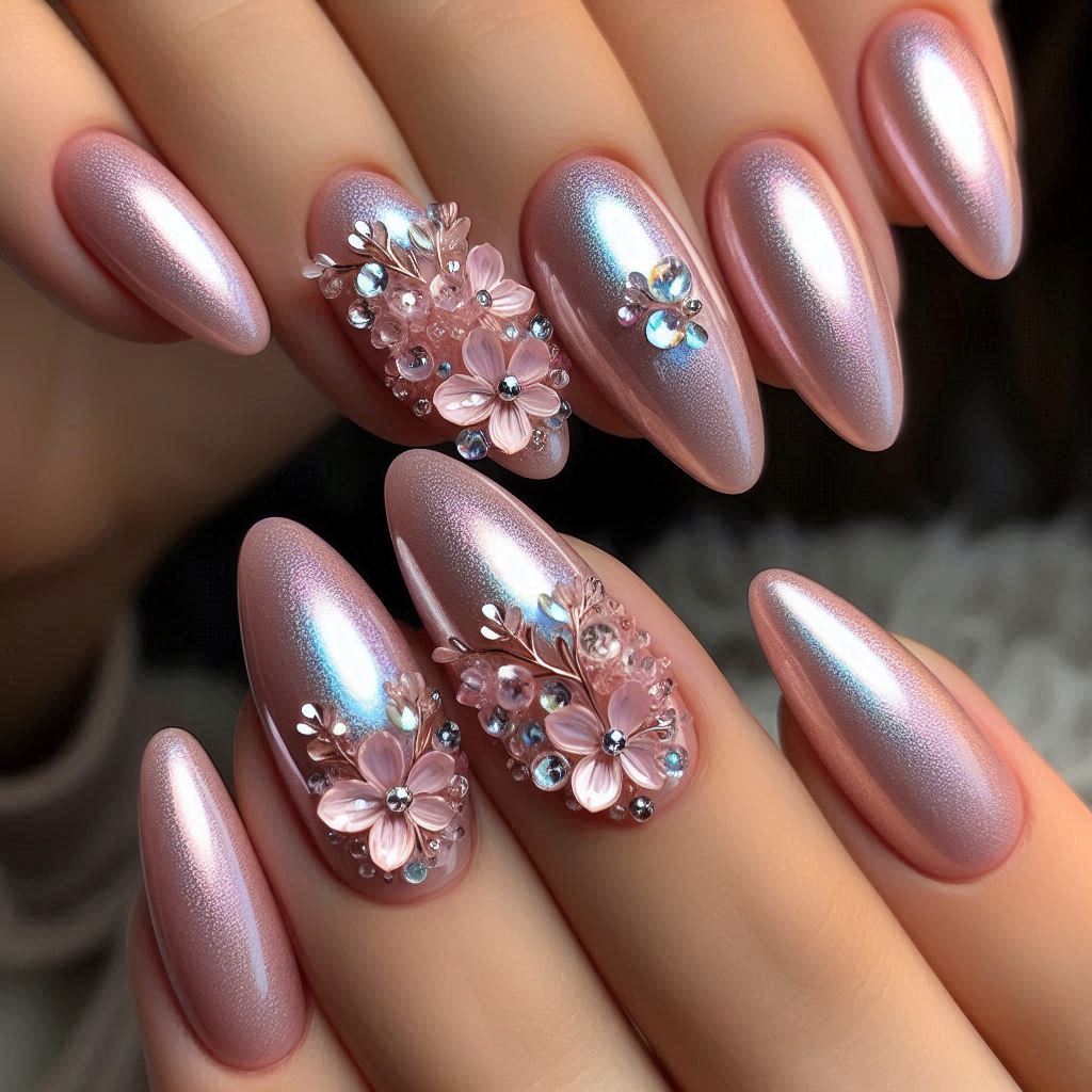  Soft Pink Chrome with 3D Crystal Flowers