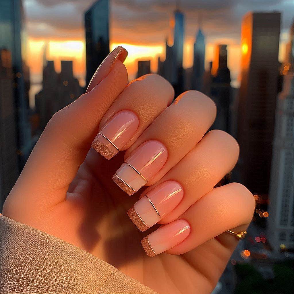 Peachy Nude French Tips with a Minimalist Gold Line