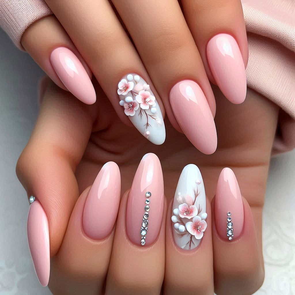 Soft Baby Pink with White and Rhinestones