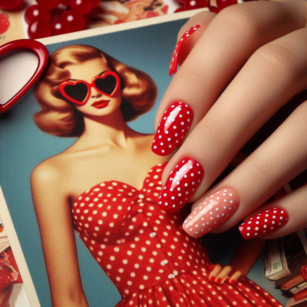 Red Almond Nails with Tiny White Polka Dots