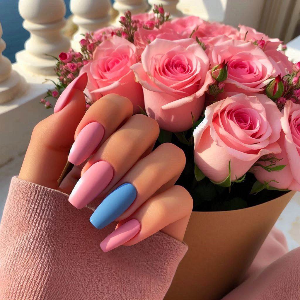 Soft Pink Nails with a Blue Accent 