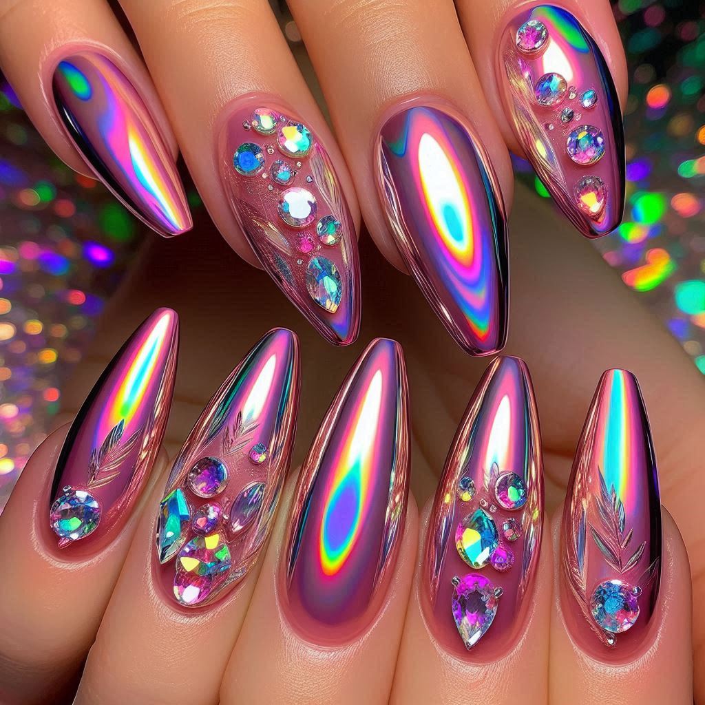 Holographic Pink Chrome with 3D Gemstones