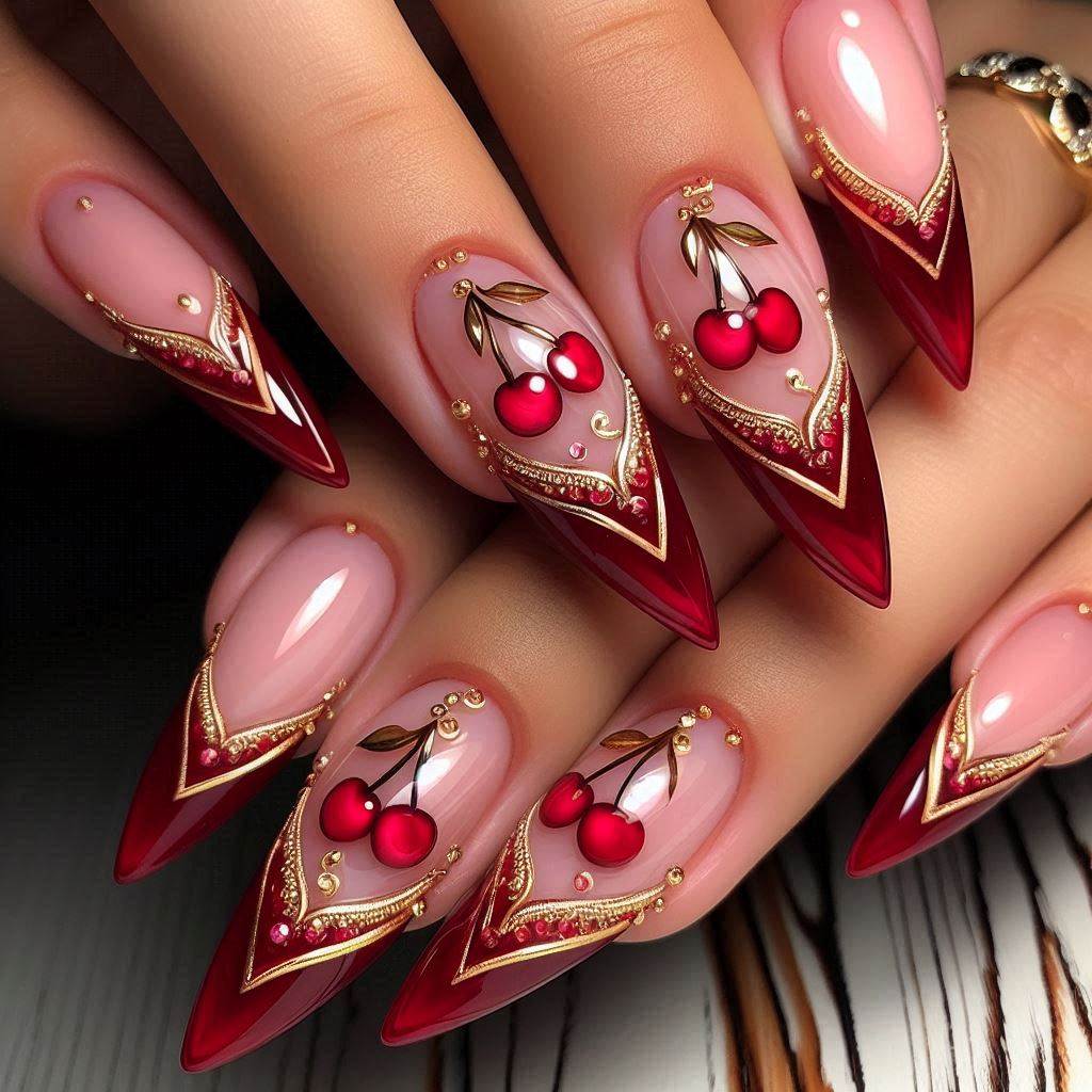 French Tip Cherry Nails with a Gold Twist