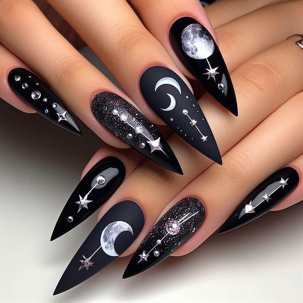 Mystical Goth Nails Acrylic with Moon Phases