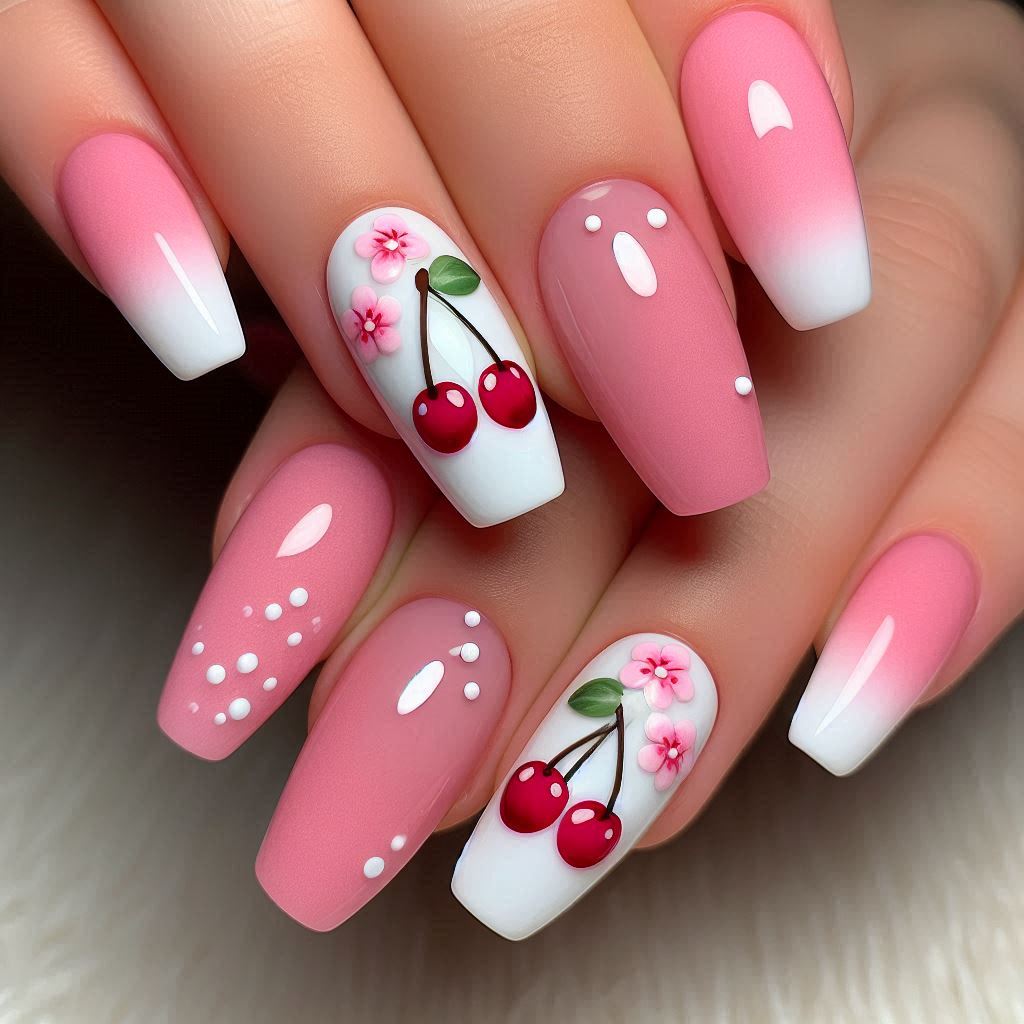 Cute Pink Cherry Nails with White Tips