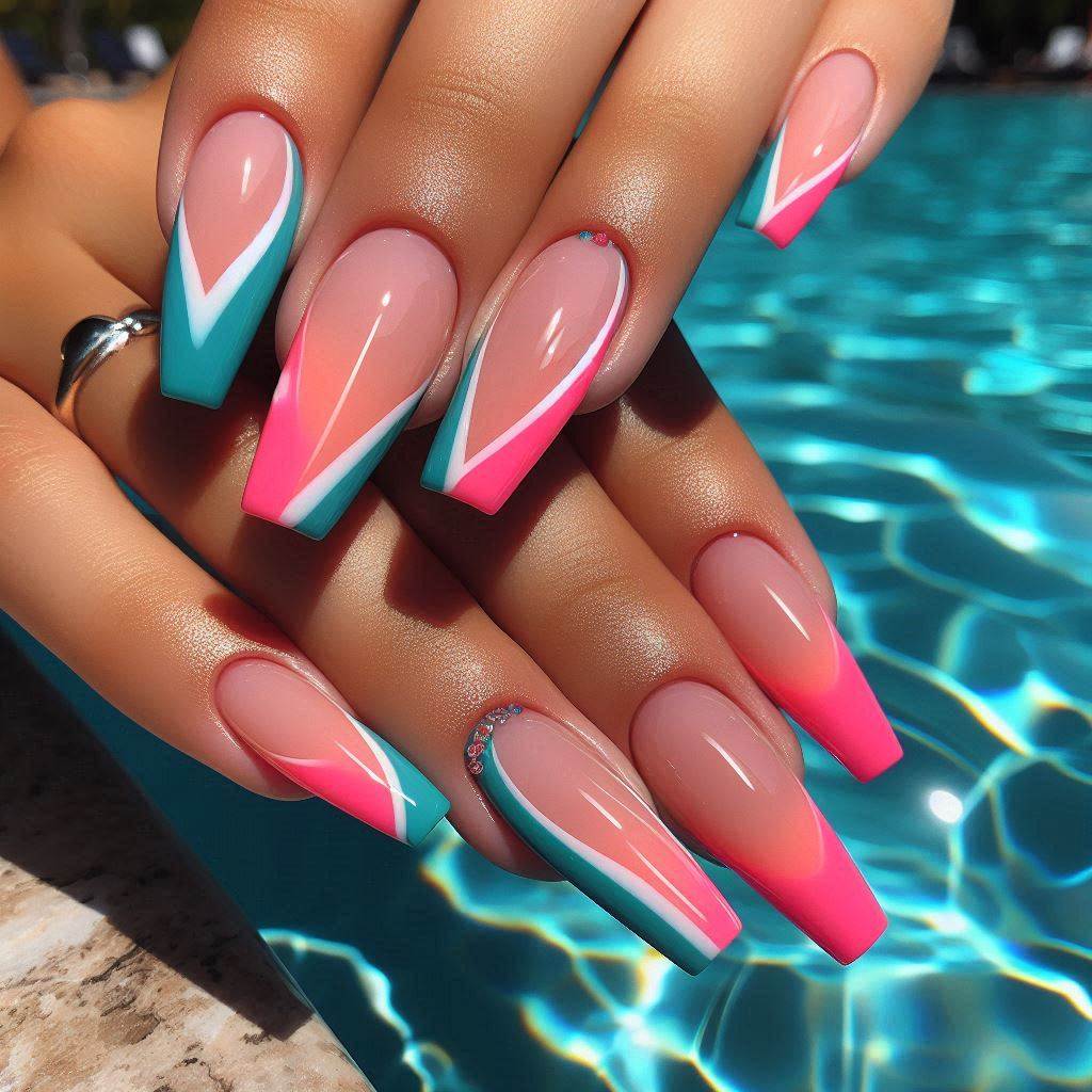 Bright Summer Acrylic Nails Coffin Short French