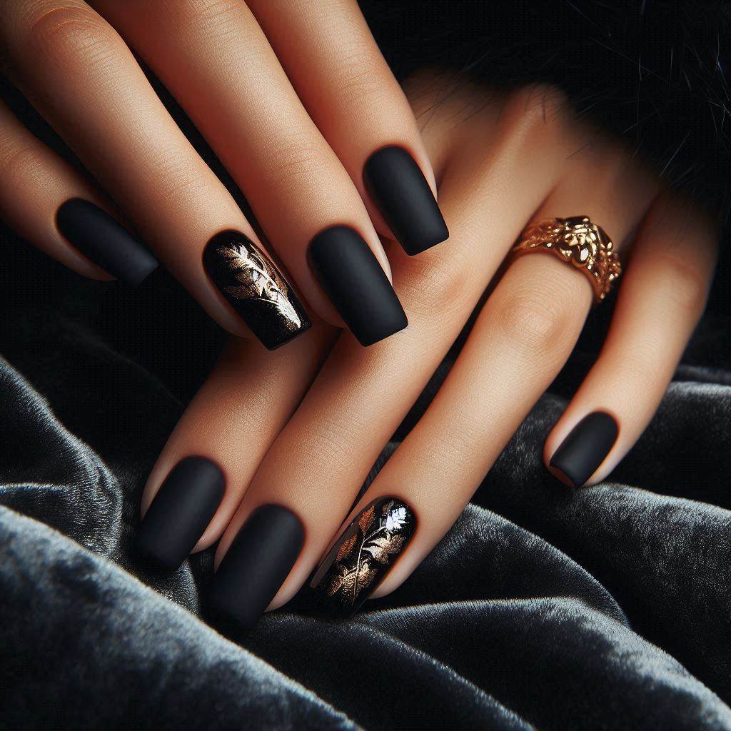 Matte Black Square Nails with Gold Foil