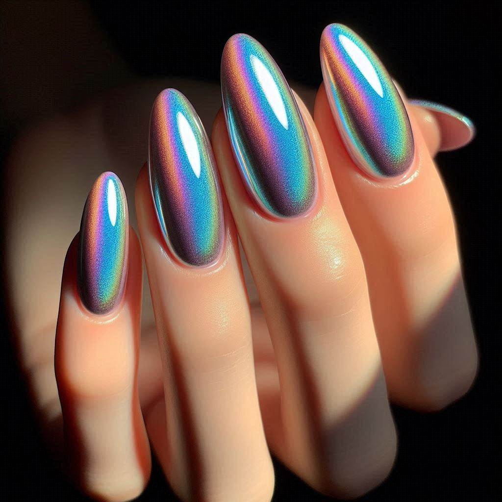 Short Acrylic Nails Almond with Holographic Touch