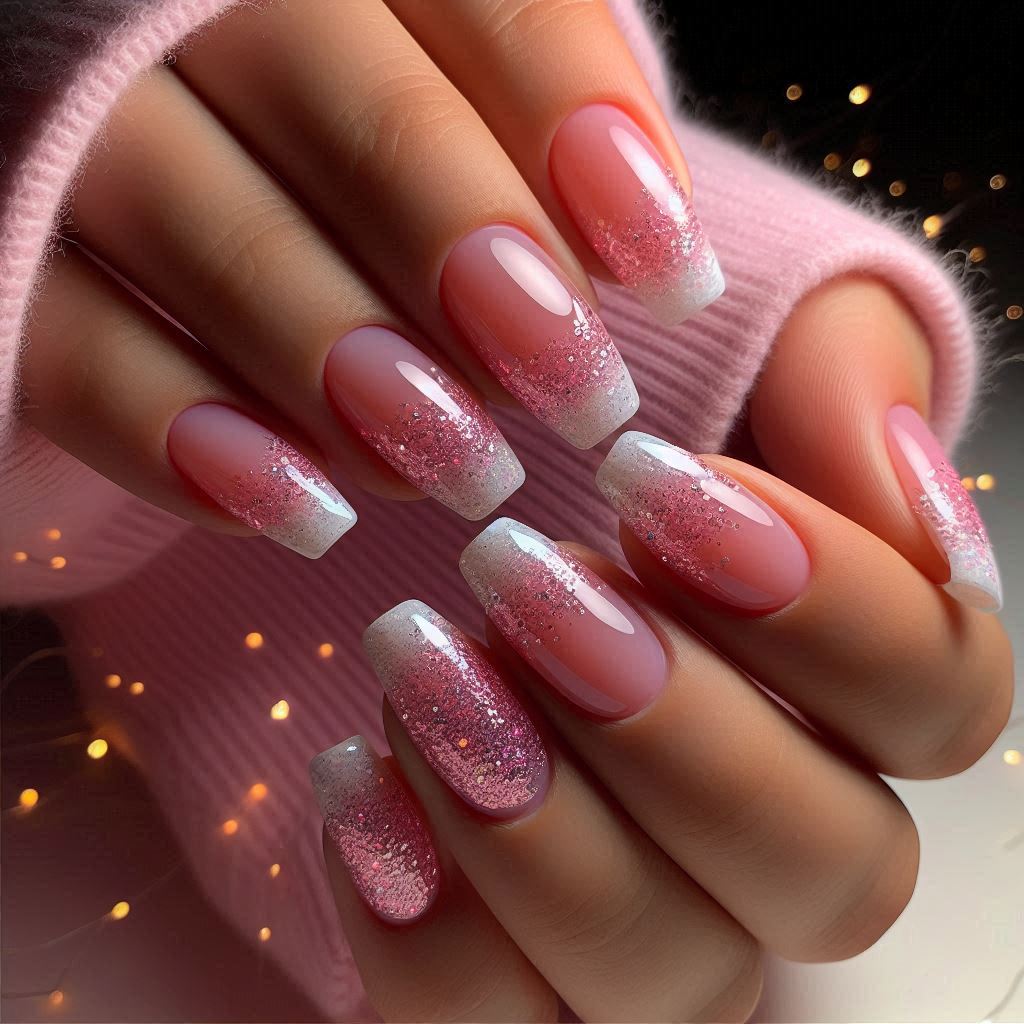 Sparkle with French Tip Nails Pink Glitter