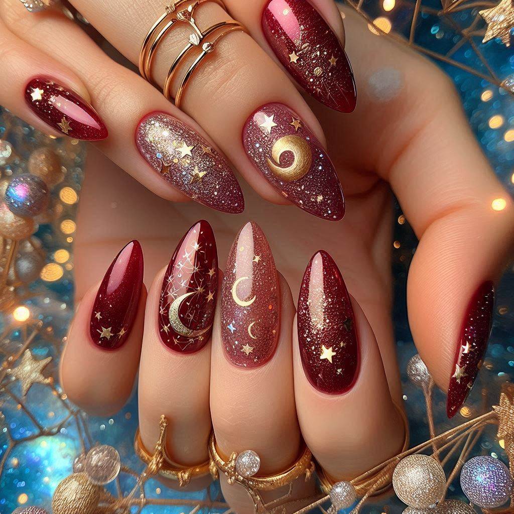 Celestial Almond Nails Red with Starry Designs