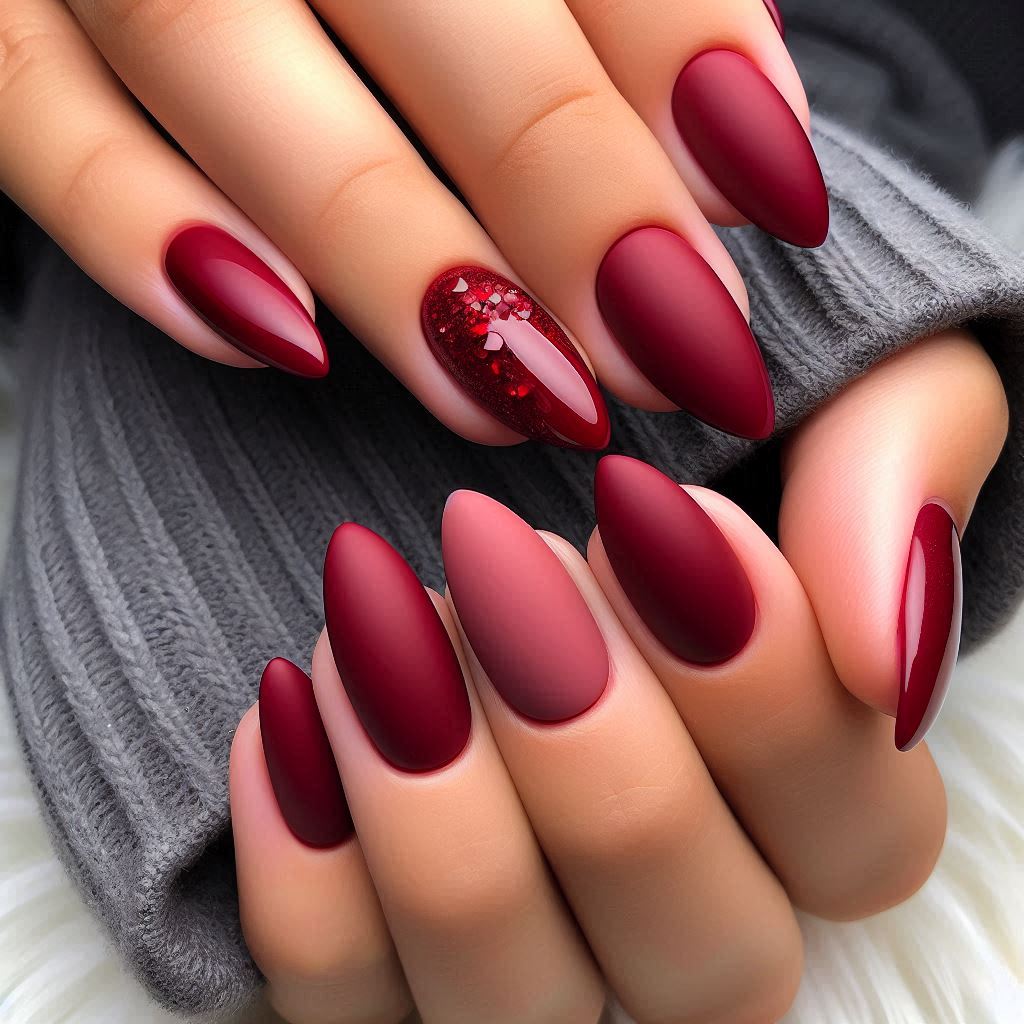  Short Almond Nails Red Matte