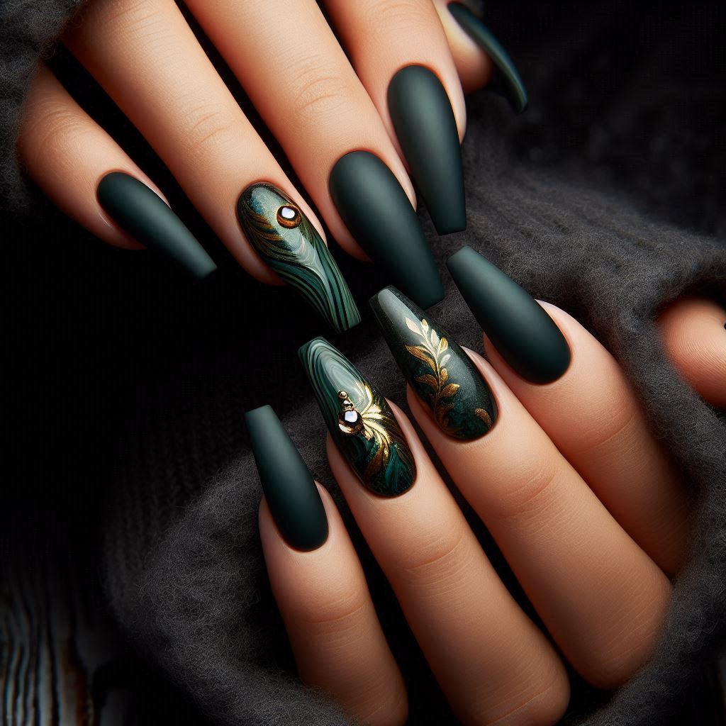  Dark Green Matte Nails