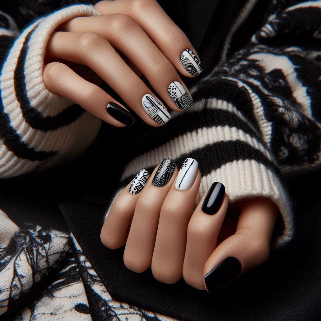 Abstract Black and White Art Nails 